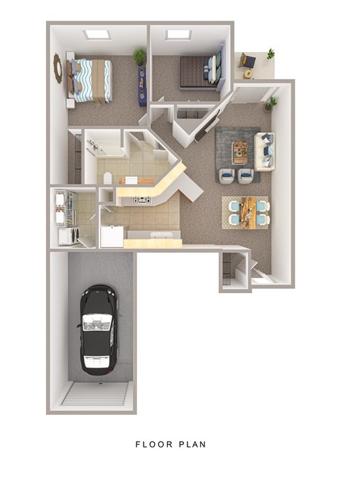 A floor plan of a house with a car parked in the garage.